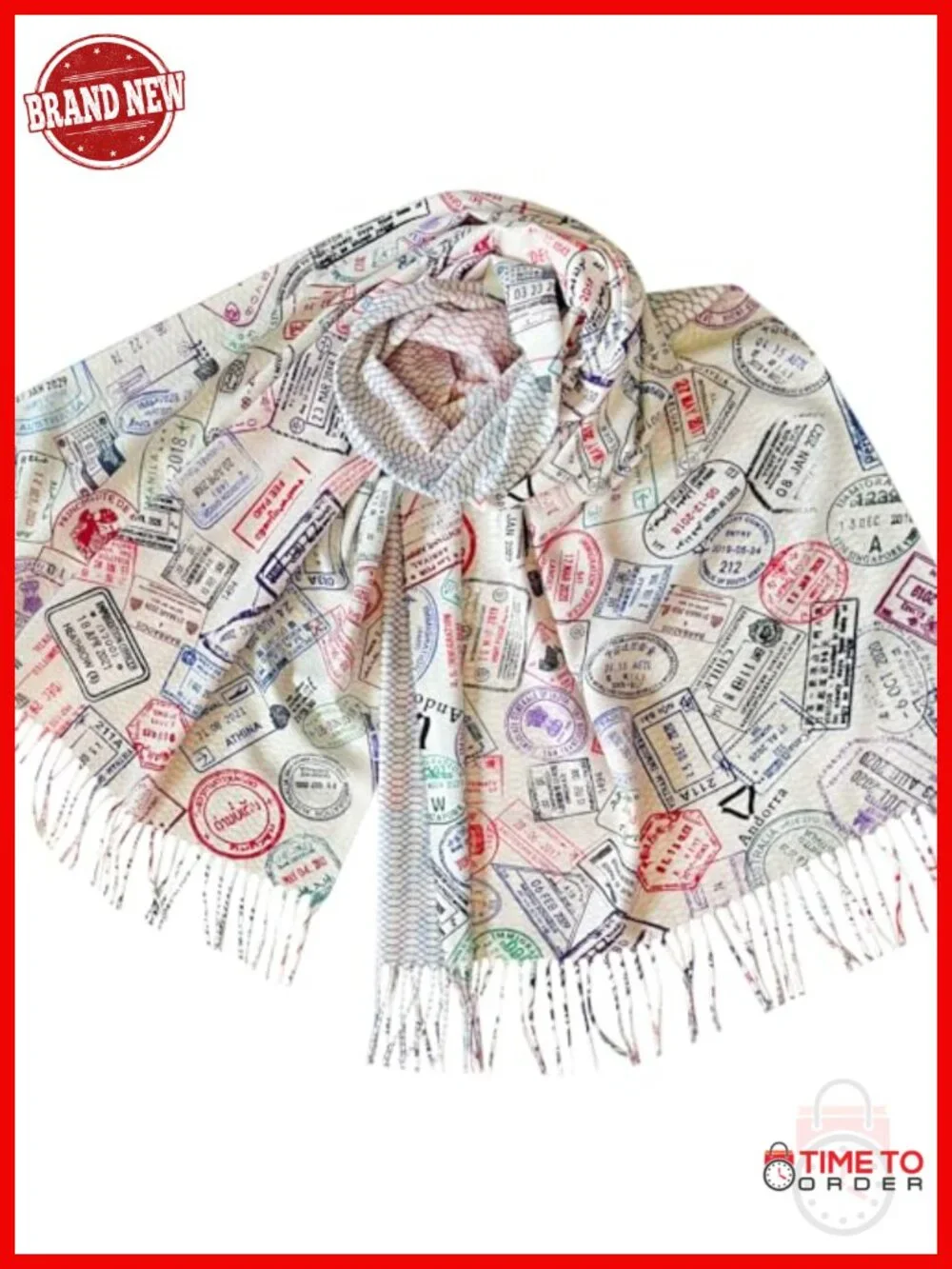 Acrylic Travel Scarf with Passport Stamp Print, Fashion Scarf 72x26 Inches